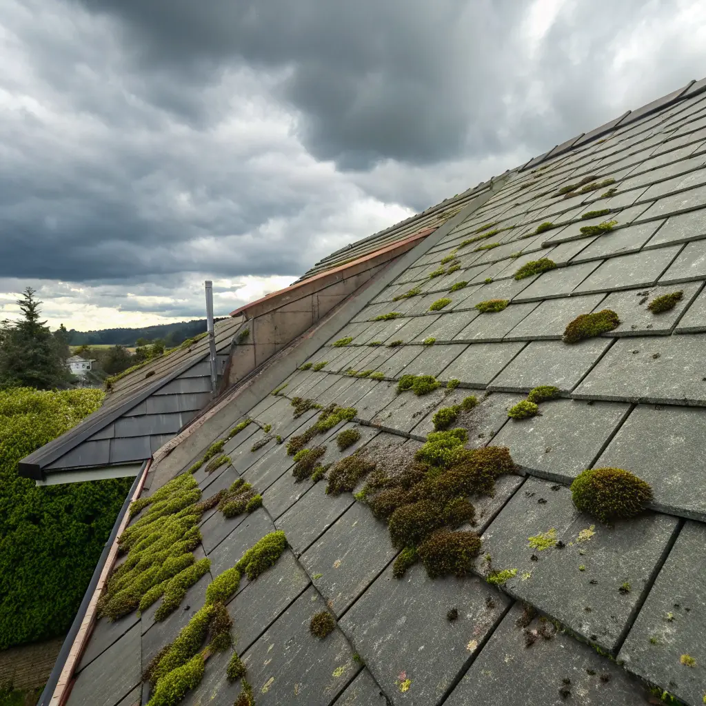 A close-up shot of a moss-covered roof in Warwickshire, UK, emphasizing the damp and shaded conditions that promote moss growth. The image is used to illustrate the need for winter maintenance services offered by Jet Wash Innovations.