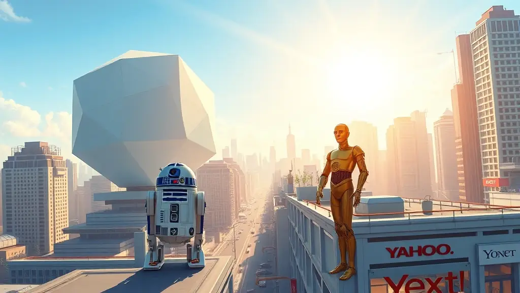 r2 d2 - c3po & large lighted Omegacube with sun rays beaming into High Rise Google on 2nd Street in Austin TX Roof Top Meetings FACEBOOK, BRAVE, YAHOO, YEXT, Search Engine Platforms and AI, Gurus, and Team