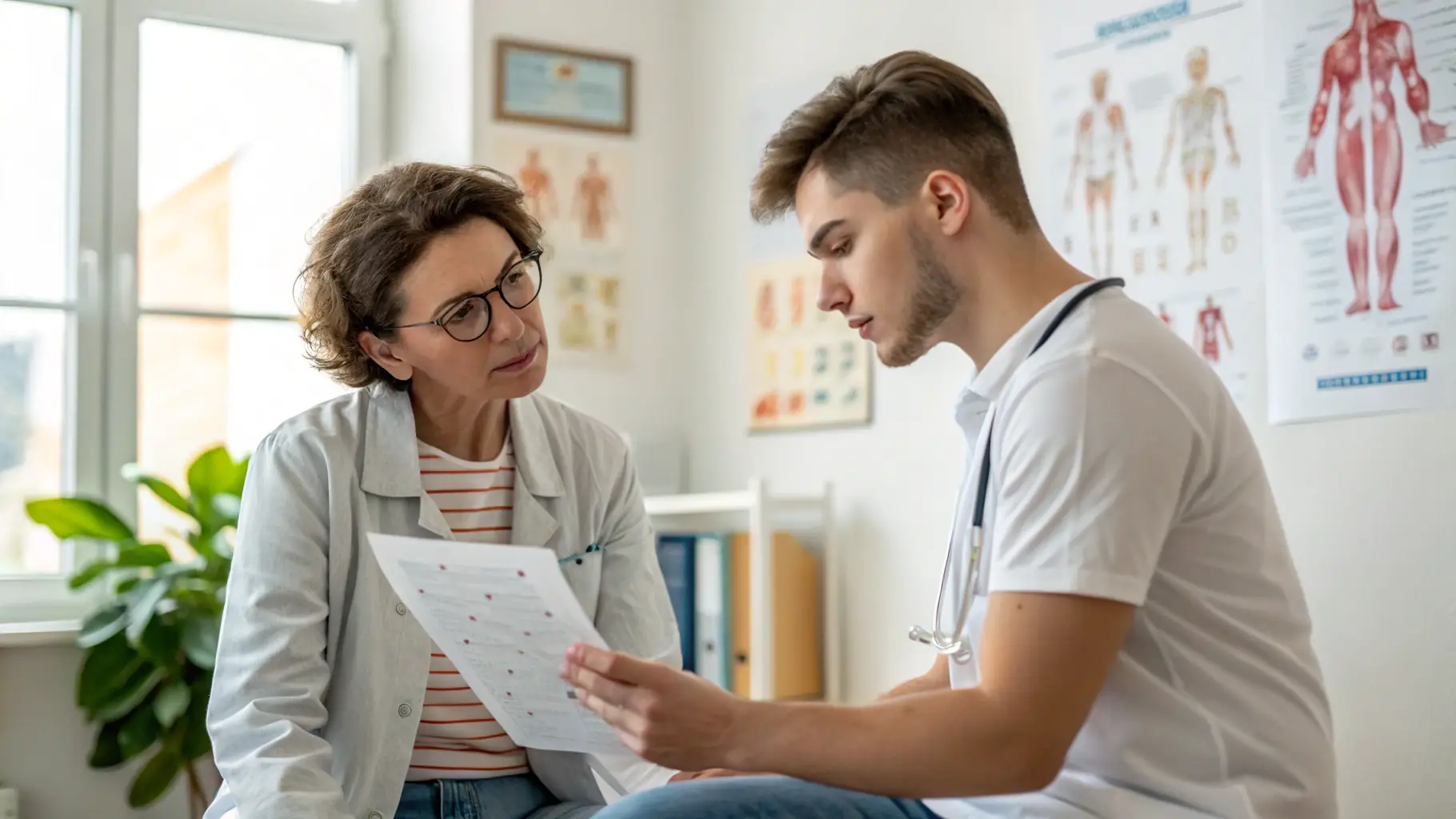 A neurologist in a white coat is consulting with a patient in a calm, clinical environment. The neurologist is explaining something to the patient, who is listening attentively.