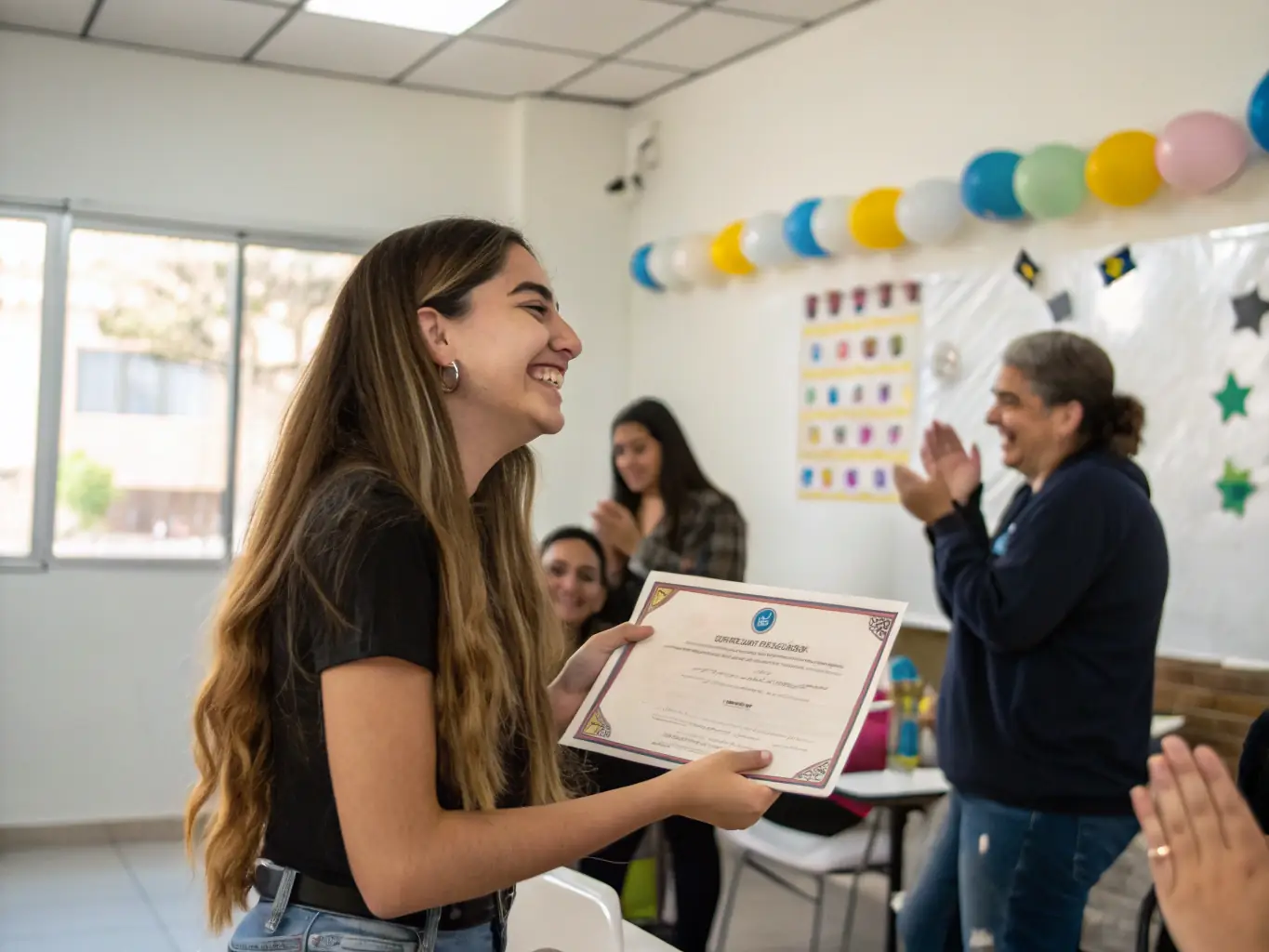 Image of a happy student holding a certificate, celebrating financial success after completing an online course.