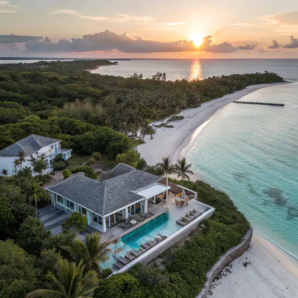 A stunning panoramic view of the sea and lush gardens, showcasing the luxurious villa and hotel rooms offered by Lermonteno, emphasizing elegance and comfort.