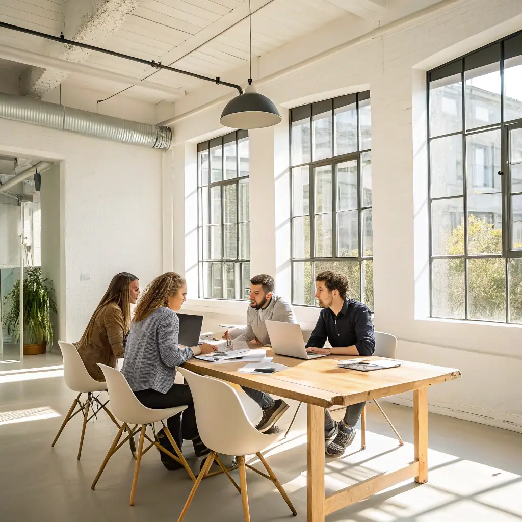 A modern office space with a diverse team collaborating on a project, bathed in natural light. The atmosphere is energetic and focused, symbolizing innovation and teamwork.