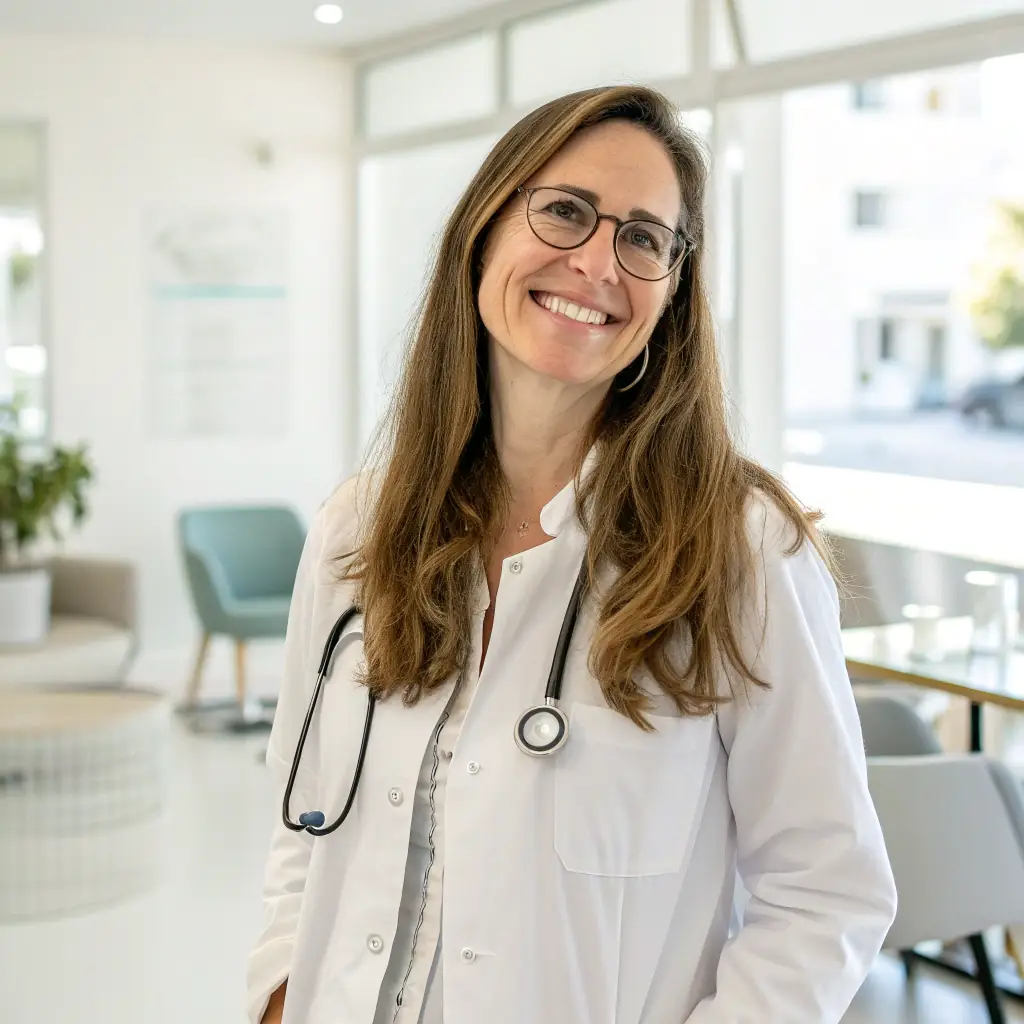 Fatima Ibrahim, a female doctor with a kind face, wearing a white coat and glasses, with a professional headshot.