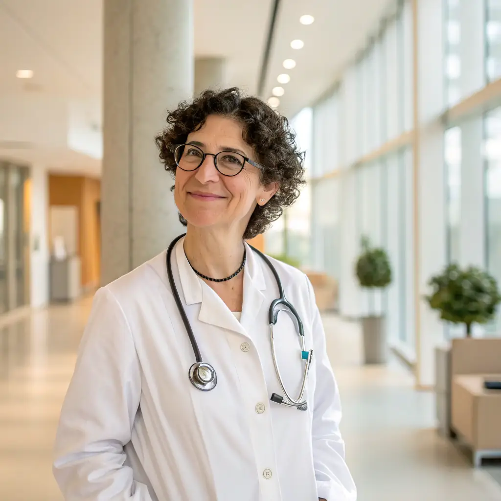 Aisha Al-Mansoori, a female doctor with a warm smile, wearing a white coat and stethoscope, with a professional headshot.