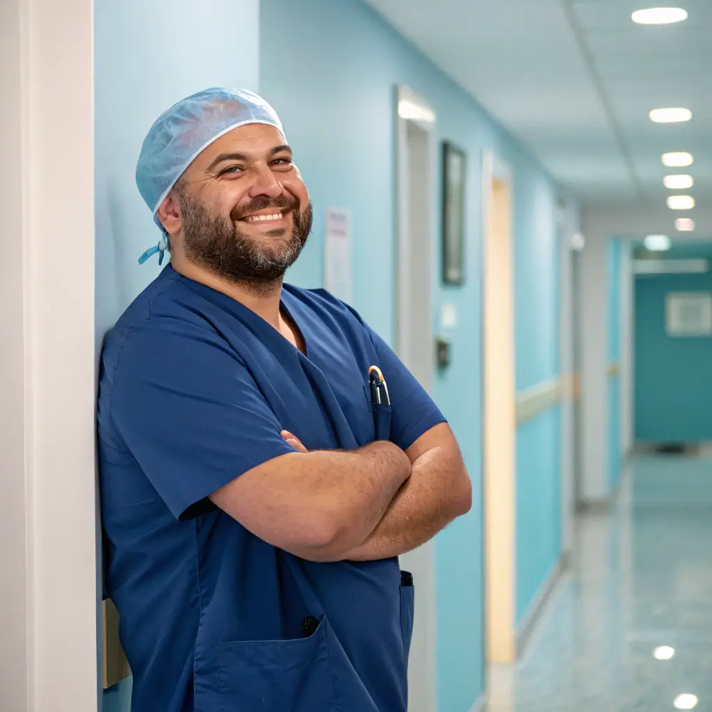 Omar Hassan, a male doctor with a confident expression, wearing a blue surgical scrub and a surgical cap, with a professional headshot.
