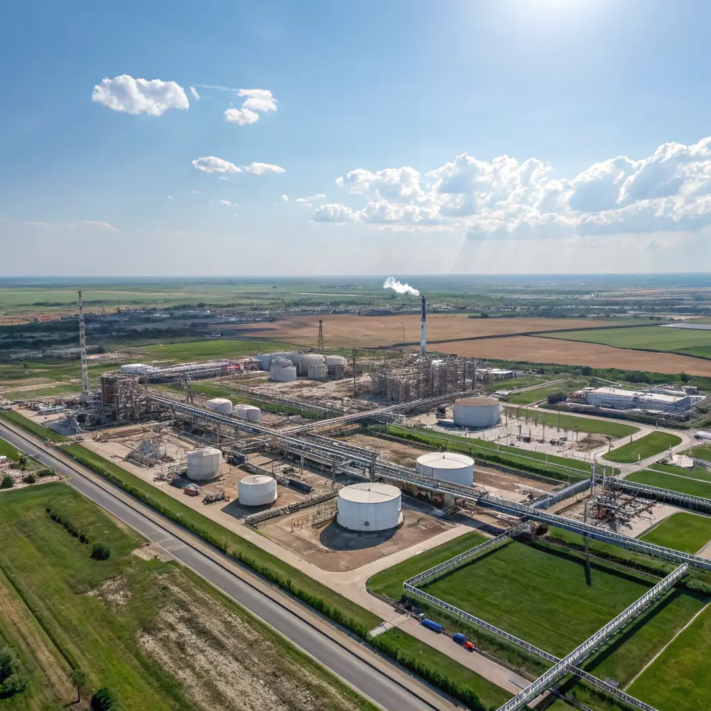 An aerial view of a Taraz Investment ТОО oil extraction site in Kazakhstan, showcasing advanced drilling technology and adherence to environmental safety standards.