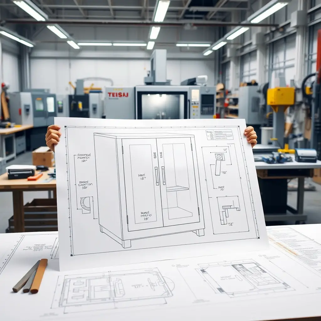 A detailed technical drawing of a cabinet design, showcasing precise measurements and annotations, set against a backdrop of a modern mill shop with CNC machines.