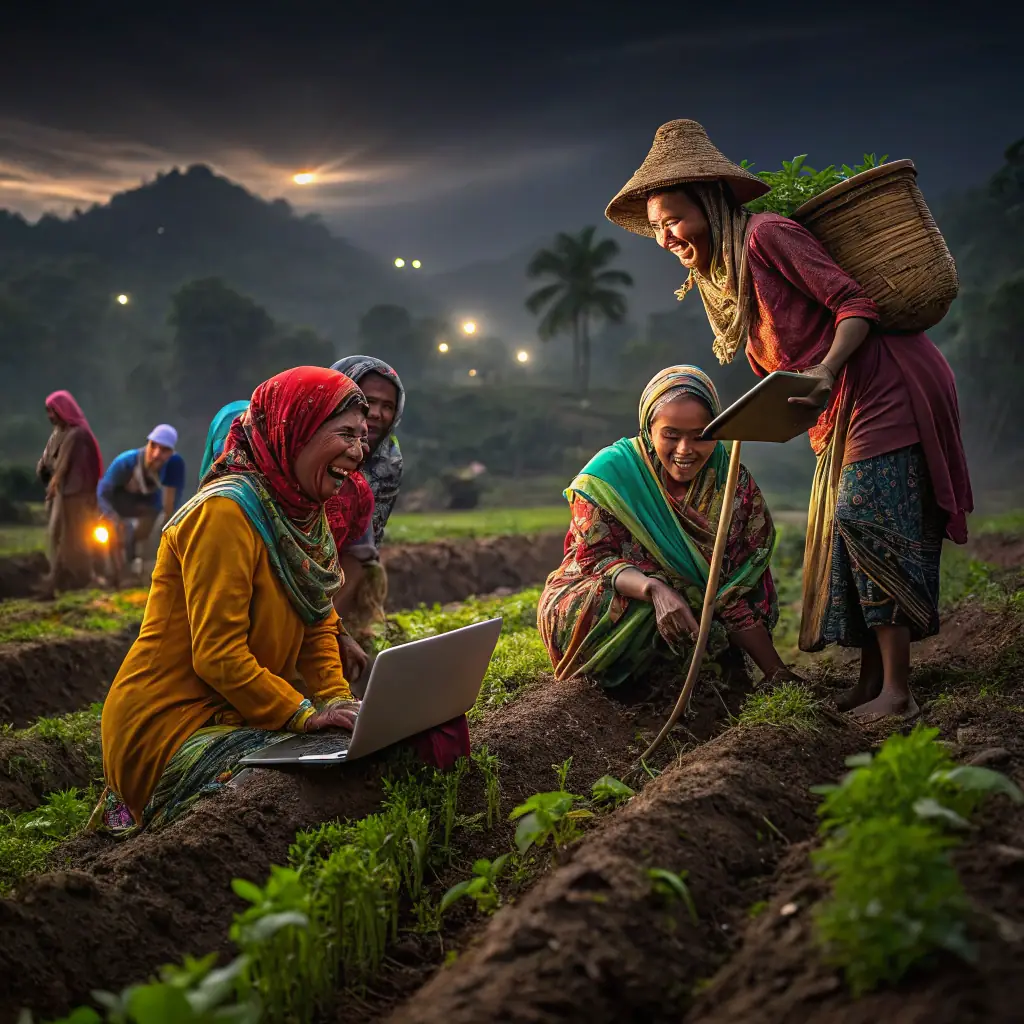 A detailed image illustrating rural AI infrastructure, including farmers using digital devices in fields, AI data centers, and rural landscapes, emphasizing indigenous technology and rural empowerment.