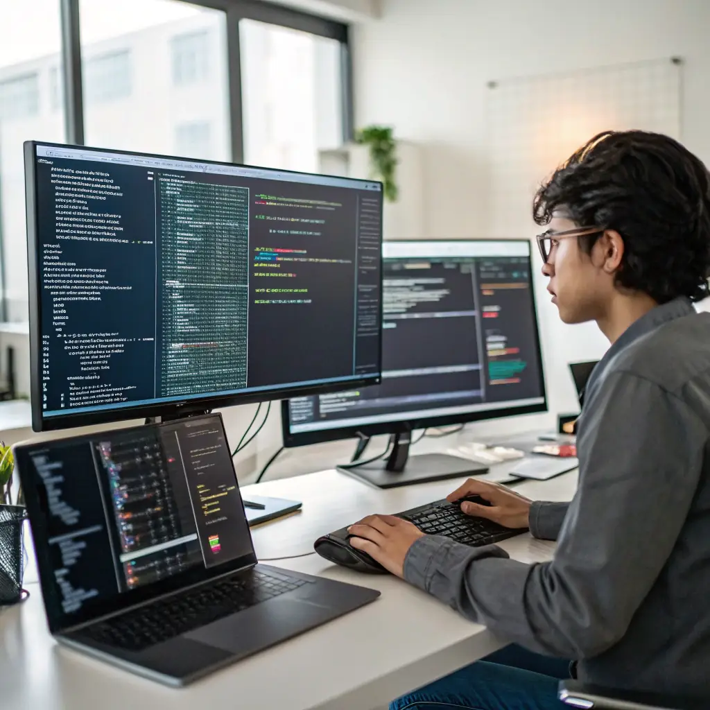 A person using a computer with multiple screens displaying various types of data, including text, images, and graphs, to illustrate the multimodal capabilities of ARPANET's AI solutions.