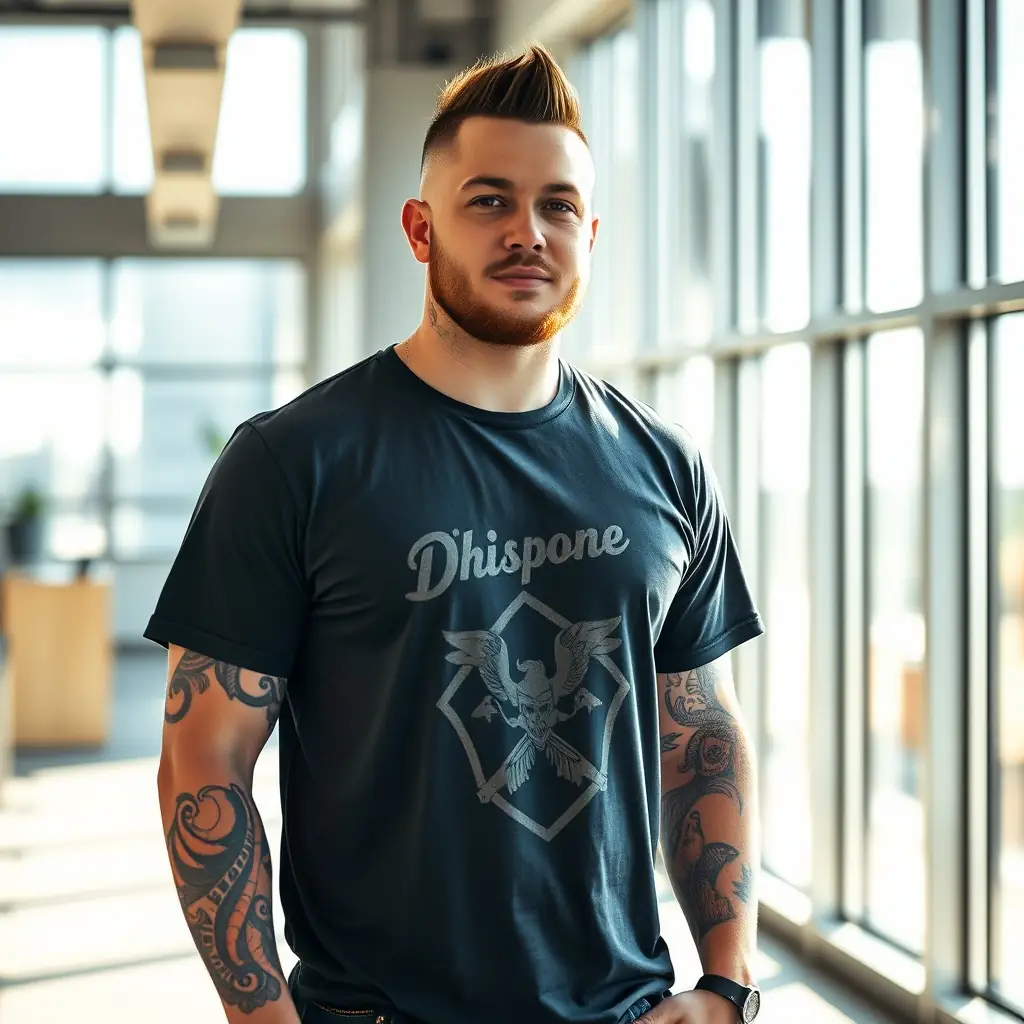 James has a buzz cut, tattoos on his arms, and often wears graphic tees.