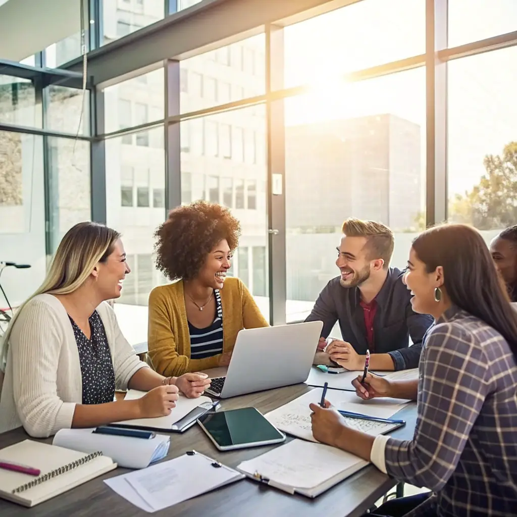 A diverse team of professionals collaborating in a modern office setting, engaged in a lively discussion during an English language training session. The atmosphere is positive and focused, with participants actively participating and learning. The image represents ClearMark English's B2B-focused approach to improving business communication skills.