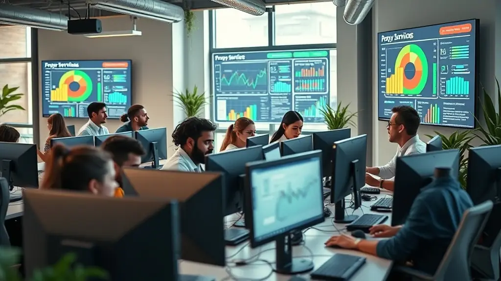 A team of tech experts analyzing data in a modern office with charts and graphs on screens.