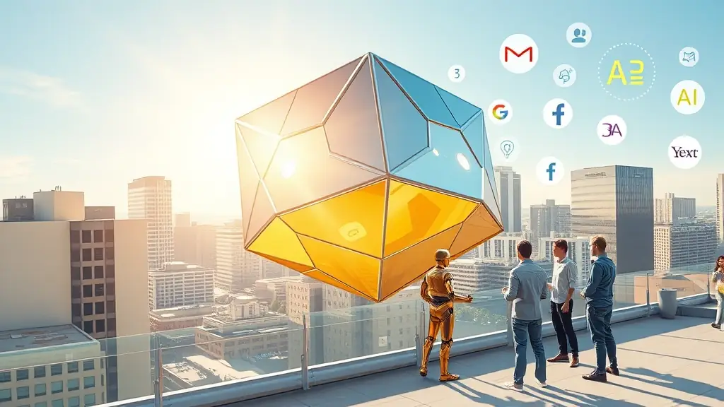 r2 d2 - c3po & large lighted Omegacube with sun rays beaming into High Rise Google on 2nd Street in Austin TX Roof Top Meetings FACEBOOK, BRAVE, YAHOO, YEXT, Search Engine Platforms and AI, Gurus, and Team