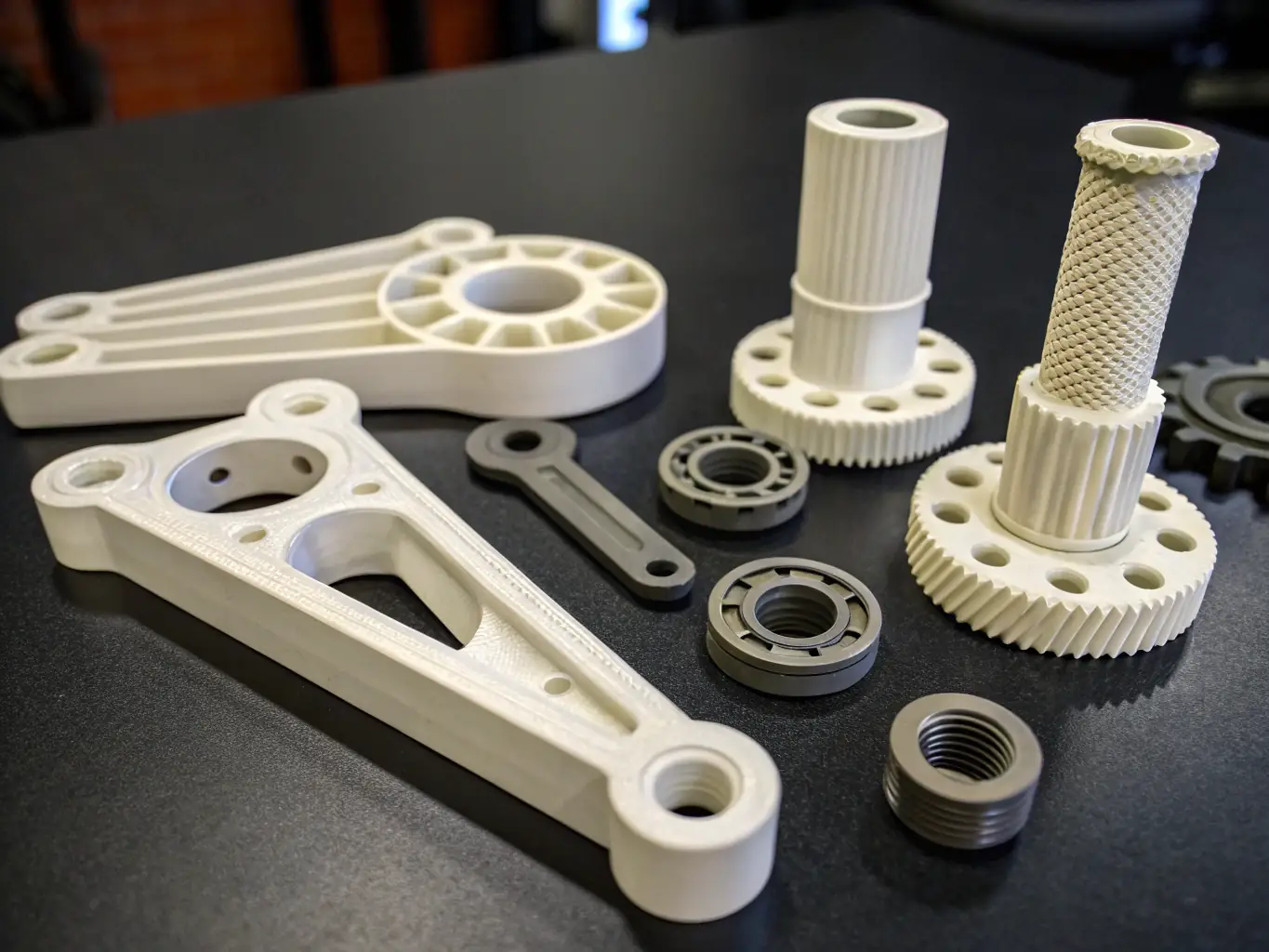 A high-resolution image showcasing a variety of engineering-grade 3D printed parts and materials, emphasizing quality and precision