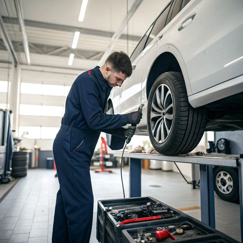 A clean, well-organized tyre service bay at decent.auto.care, with a mechanic professionally fitting a new tyre onto a car wheel. The image should convey professionalism and attention to detail.