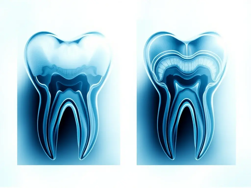 An x-ray image of a healthy tooth and a tooth undergoing root canal treatment, highlighting the removal of infected pulp and the filling of the root canal.