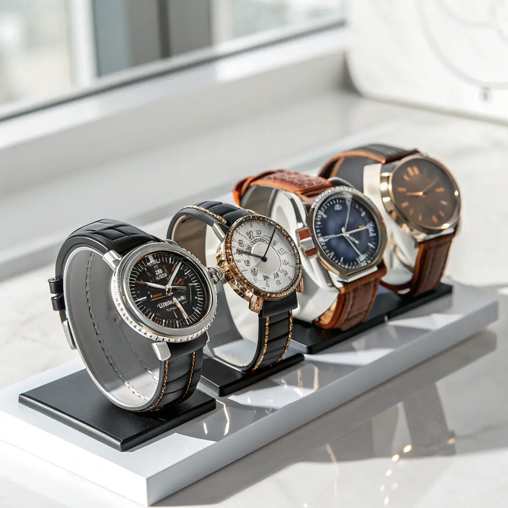 An image of various wrist watches, each of a different style, arranged to showcase the variety available for mixed-batch orders. The setting is a clean, modern e-commerce product photography setup.
