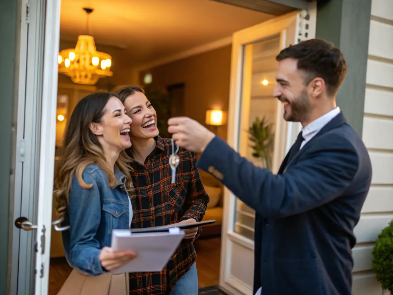 A cozy, well-lit living room in a suburban home, staged to perfection. A young couple is smiling and holding keys, symbolizing the joy of homeownership. The scene evokes a sense of warmth, security, and the realization of a dream.