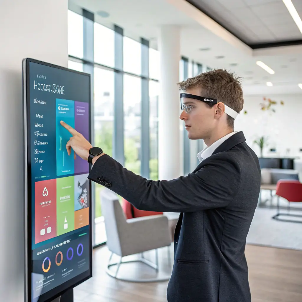 An image depicting seamless integration of KeyBoardless CRM with various wearable devices and government platforms, showcasing a user effortlessly managing tasks hands-free.