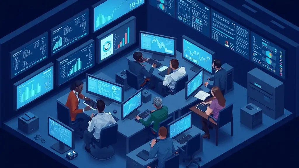 A diverse team of digital guardians, including a male and female Gemini, a robot named R2, and a group of AI specialists, standing confidently in a modern, high-tech control room.