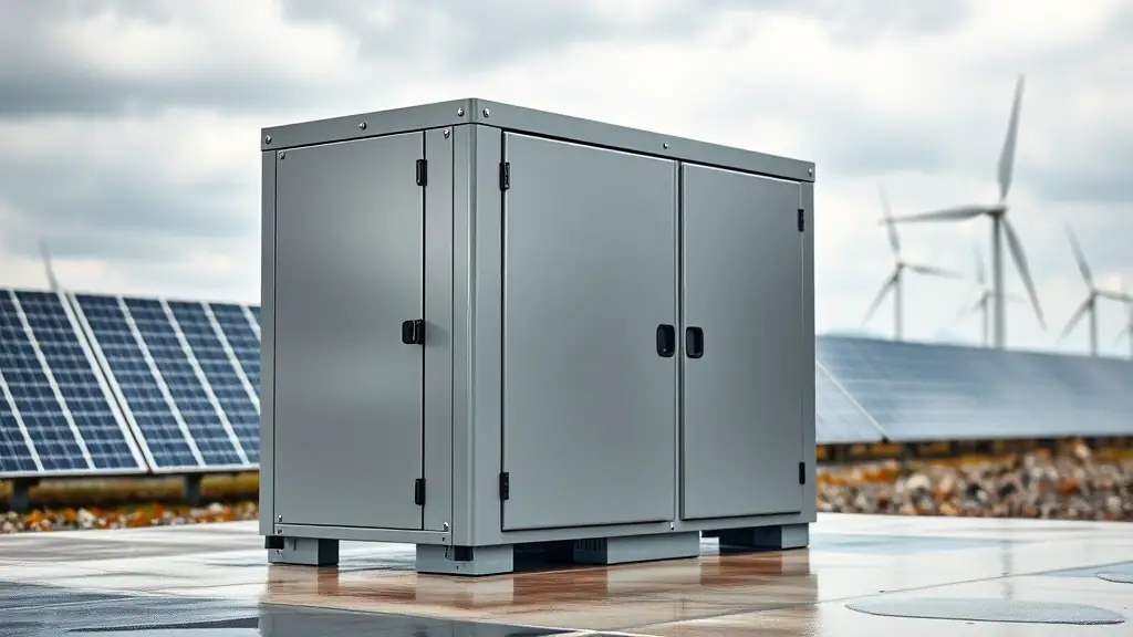 a high-resolution image of the outdoor energy storage cabinet, showcasing its modular split-type design, with a sleek, weatherproof exterior, set in an industrial or renewable energy environment