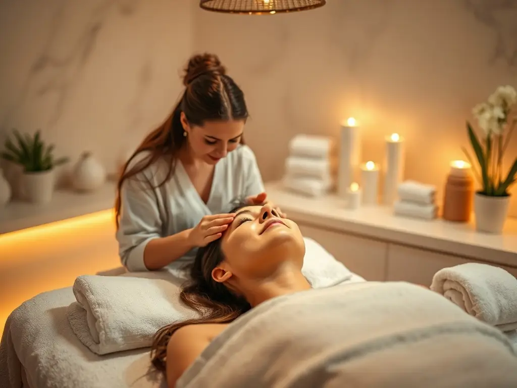 A serene woman with flawless skin, enjoying a spa treatment at Lunar Skin and Spa Clinic. The image should convey relaxation and natural beauty.