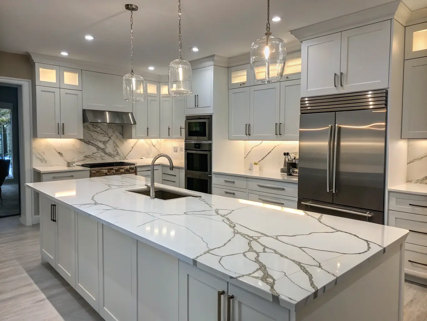 high-quality white quartz countertops with sleek, modern surface textures, showcased in a bright, stylish kitchen setting
