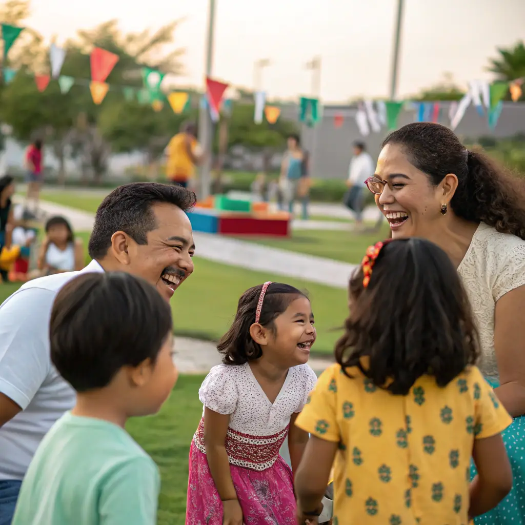 A diverse group of children and their parents are participating in a community event, symbolizing cultural inclusion and family support.