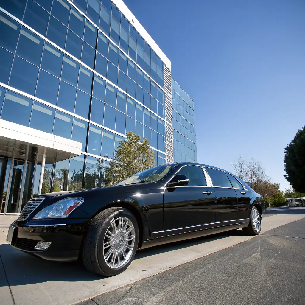 A modern car parked in front of a sleek, glass-fronted office building with the Key Agency logo prominently displayed. The car is in motion, suggesting dynamism and reliability. The background is light blue and white, matching the website's color scheme.