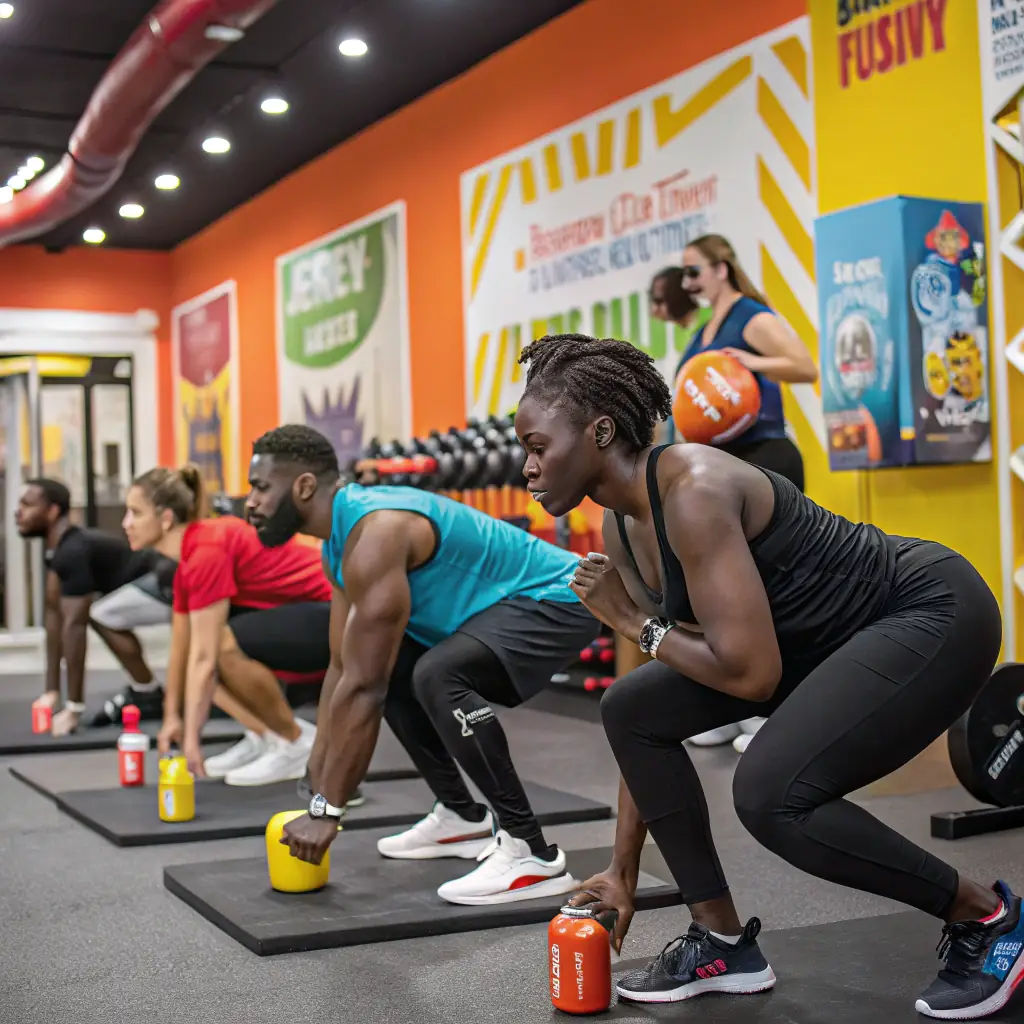 A realistic image of a diverse group of athletes training in a modern gym, focusing on proper form and technique, with nucsnutricion branded water bottles and supplements visible in the background.