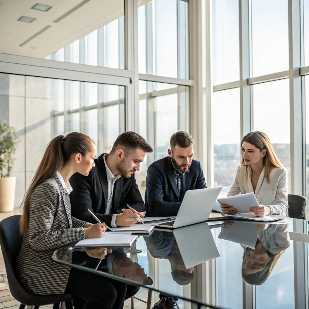 a high-resolution image of a professional business team collaborating in a modern office, emphasizing trust and professionalism, suitable for the right side of the section