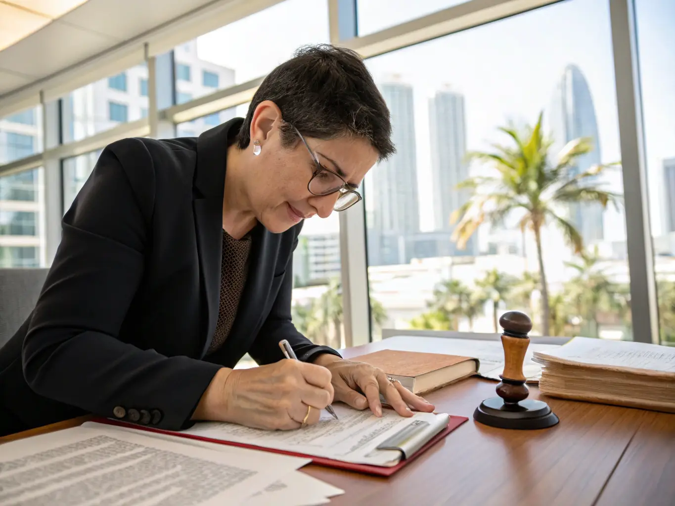 A notary public stamping a legal document related to estate planning, with a focus on a living trust and will.