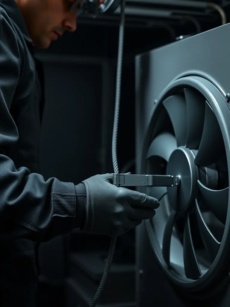 A newly installed hinge kit on an exhaust fan unit, allowing easy access for cleaning and maintenance, with a technician demonstrating the smooth operation of the hinge.