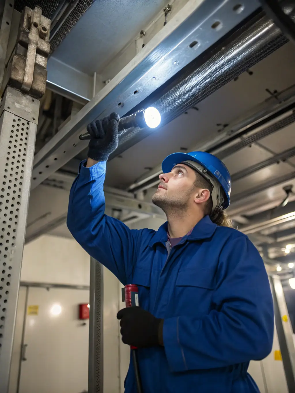A technician inspecting the motor and belt of an exhaust fan, using a flashlight to check for wear and tear, with replacement components neatly arranged nearby.