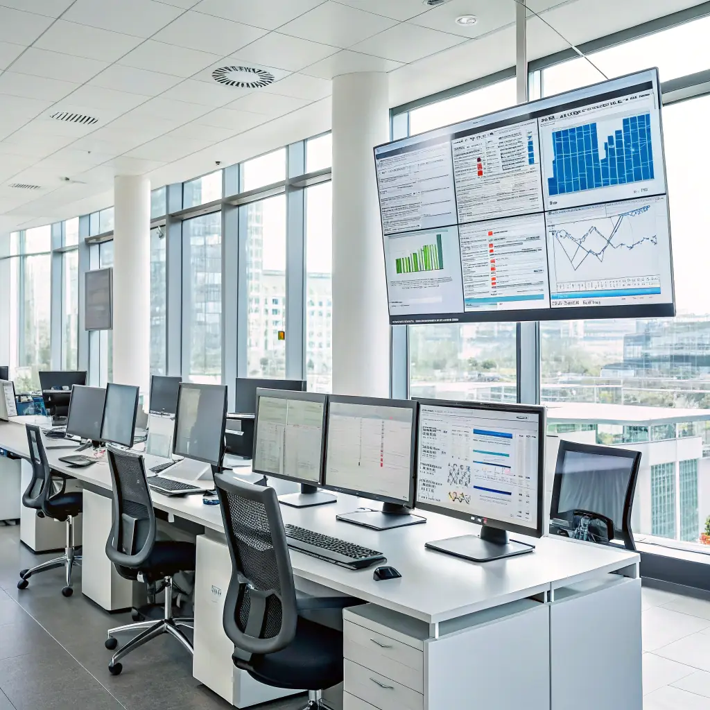 An image of a diverse team of medical billing specialists collaborating in a modern office environment, with holographic projections of medical claims data overlaid in the background.
