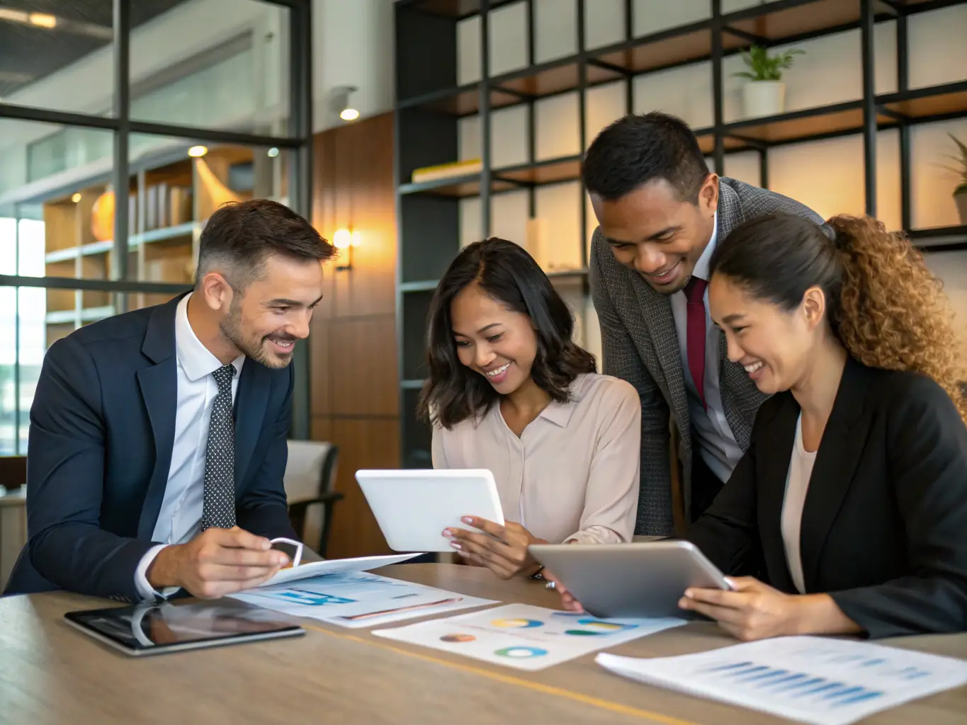 A diverse team of financial experts collaborating in a modern office setting, reviewing financial documents and discussing strategies for small business accounting solutions.