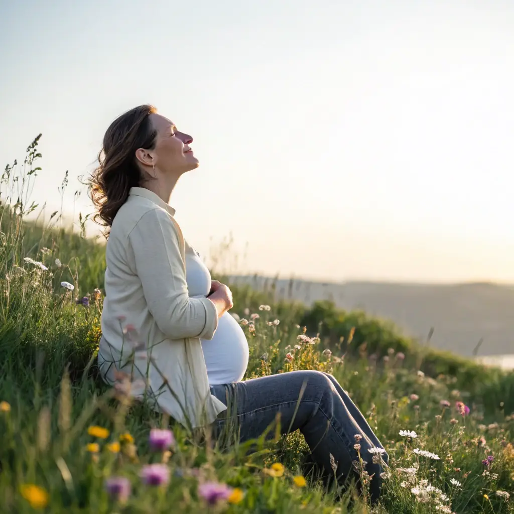 A serene image of a pregnant woman in a peaceful setting, practicing hypnobirthing techniques with a gentle smile, symbolizing calm and confidence during pregnancy and childbirth.