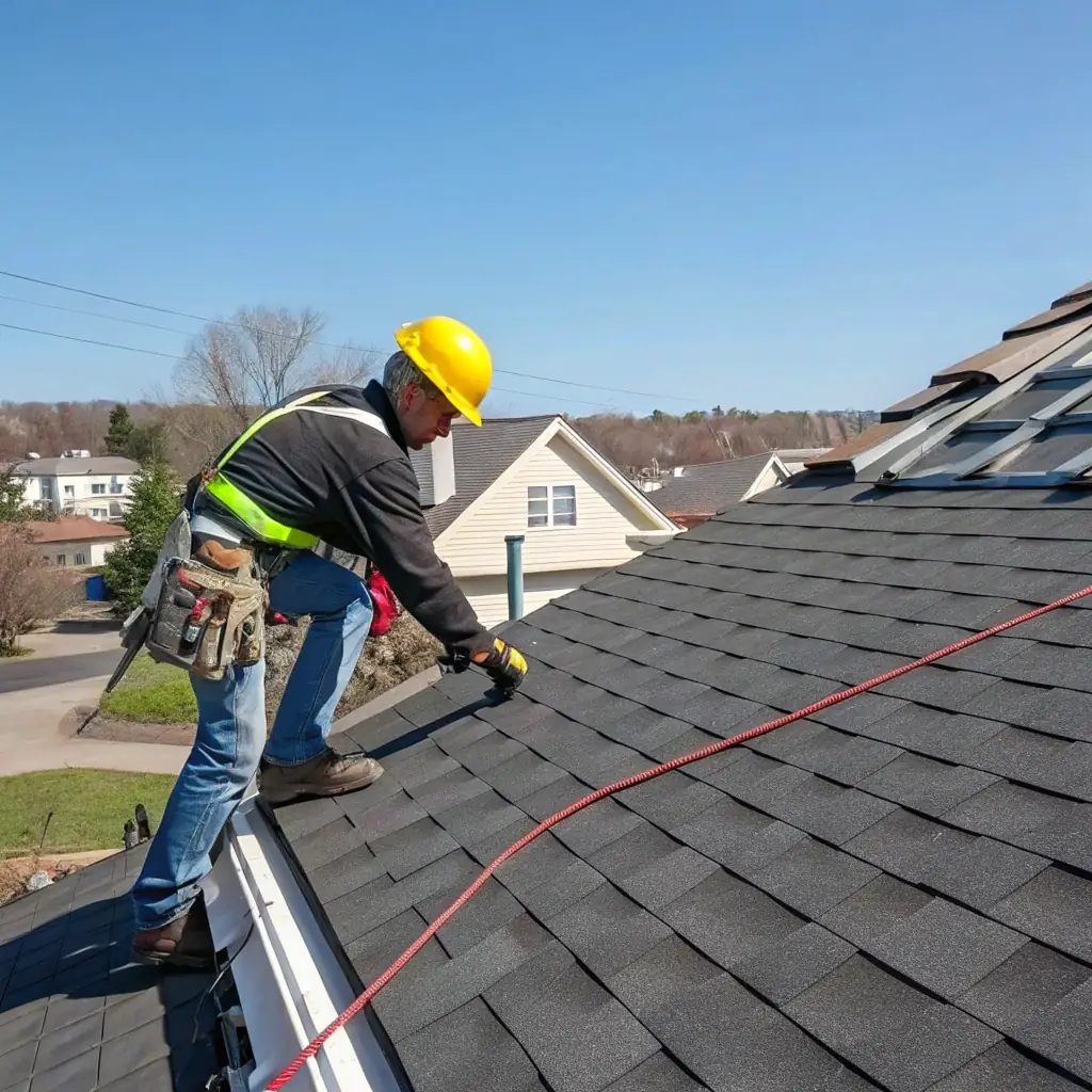 A high-angle shot of a newly constructed residential roof with workers installing shingles, showcasing quality workmanship and attention to detail.