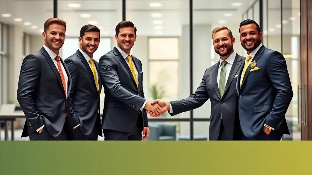 A group of athletes in business attire, shaking hands and smiling, symbolizing the partnership between sports and entrepreneurship.