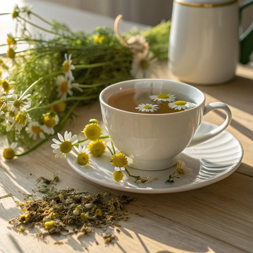A close-up shot of a steaming cup of PureLeaf tea, with visible organic tea leaves and herbs, set against a serene, natural background.