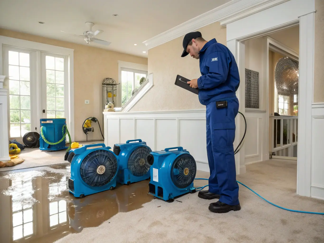 A professional team member inspecting a water-damaged area, showcasing the importance of prompt water restoration to prevent mold growth.