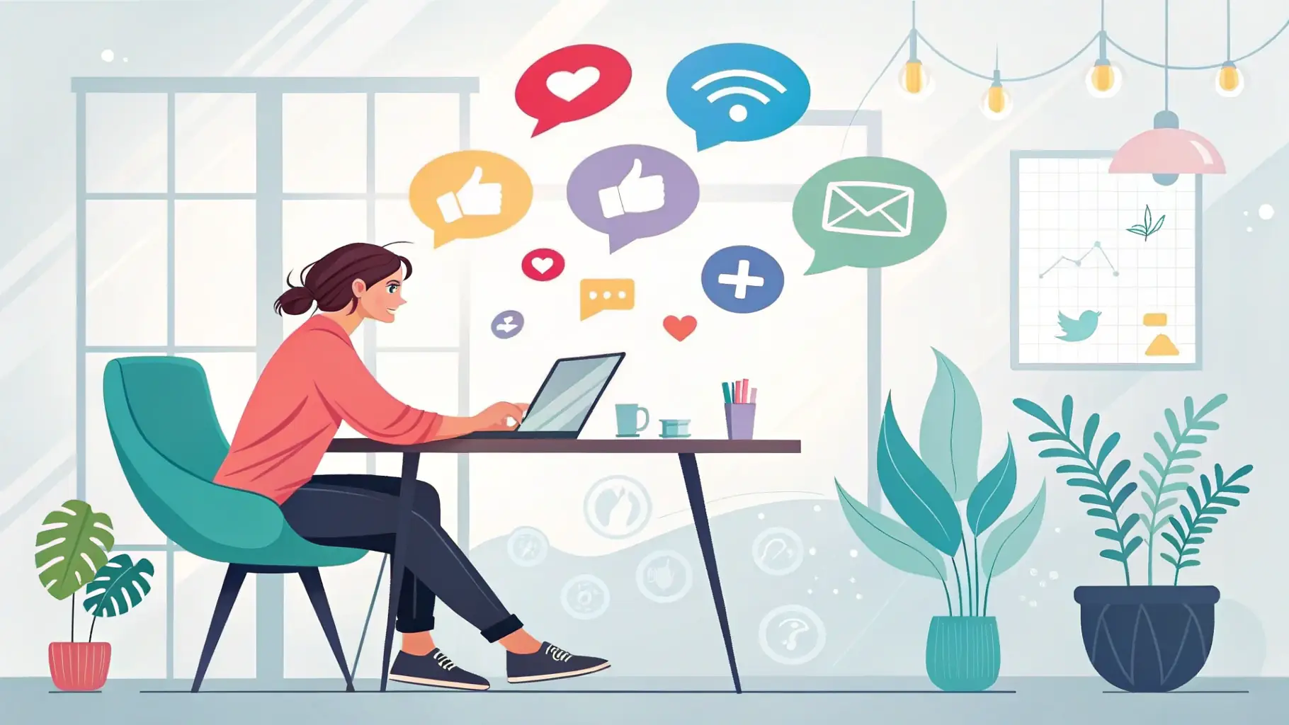 A person using a laptop with social media icons floating around them, representing social networking and CRM integration.
