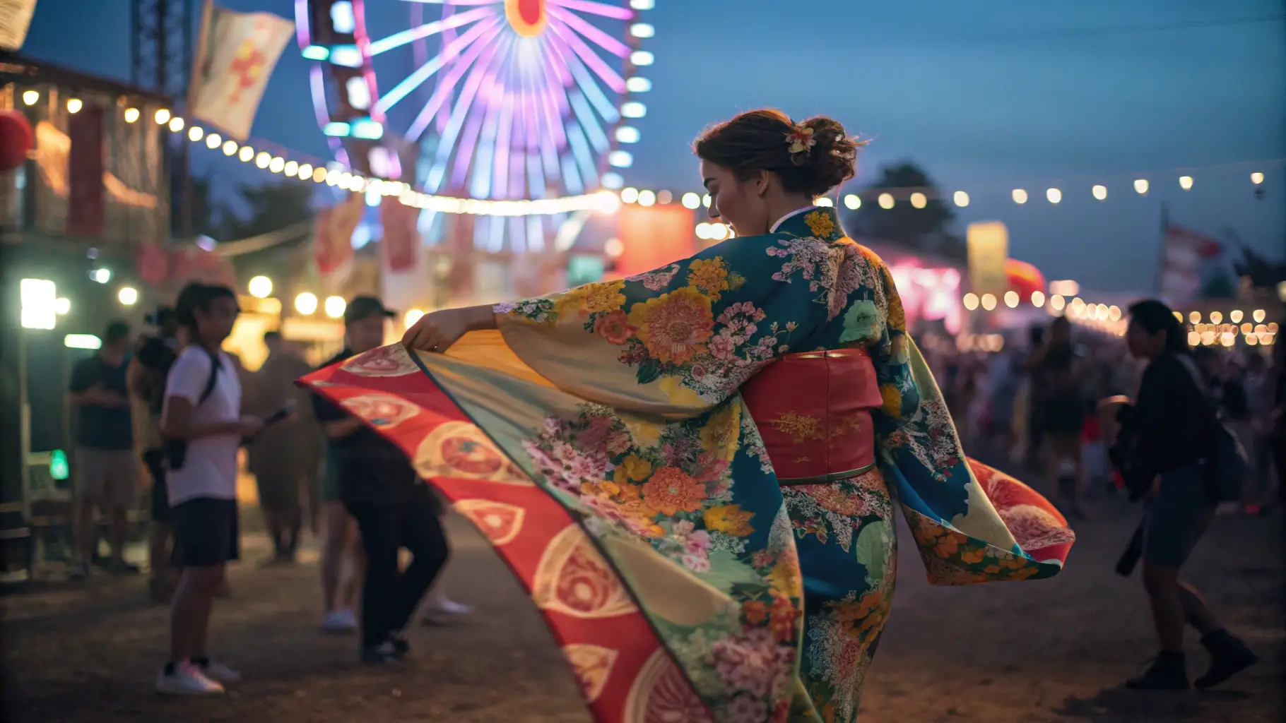 A lively Japanese festival scene with traditional dance, modern performances, and interactive cultural booths