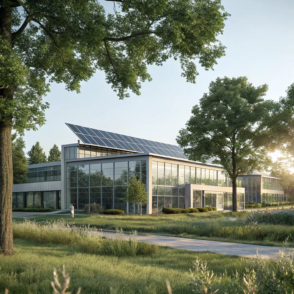 A modern, energy-efficient building with solar panels, representing RPS Fastigheter's focus on sustainable and cost-effective solutions for private sector properties.