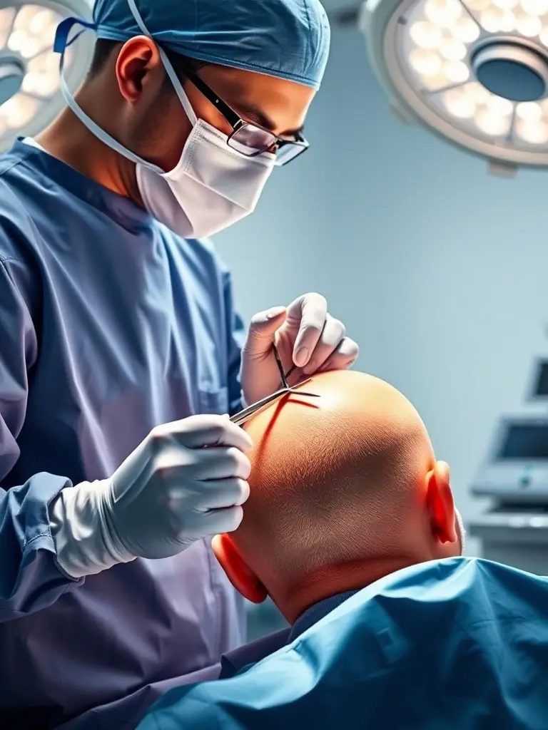 A photograph of a medical professional performing FUT hair transplant, removing a strip of scalp from the back of a patient's head in a well-equipped surgical suite at Sanghvi Face and Dental Hospital.