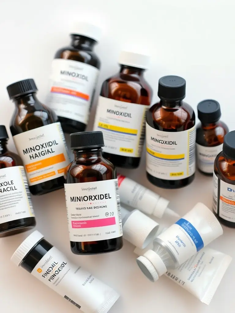 A display of FDA-approved medications and topical solutions for hair loss, such as Minoxidil and Finasteride, available at Sanghvi Face and Dental Hospital.
