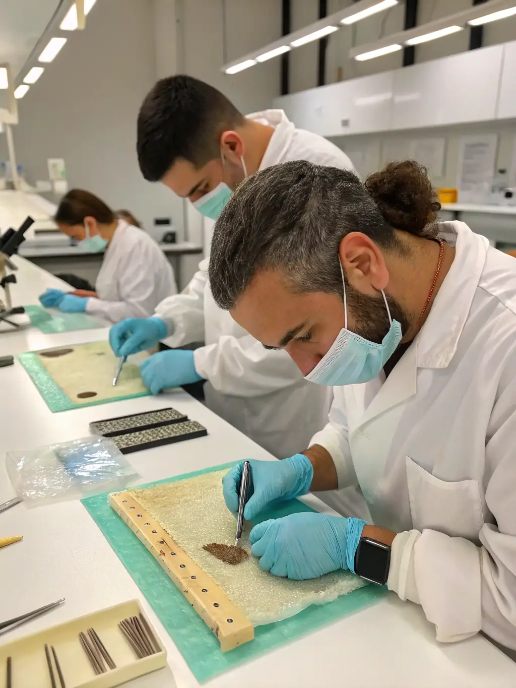 A close-up shot of a surgeon performing FUE hair transplant, carefully extracting individual hair follicles from the donor area on the back of a patient's head in a sterile operating room at Sanghvi Face and Dental Hospital.