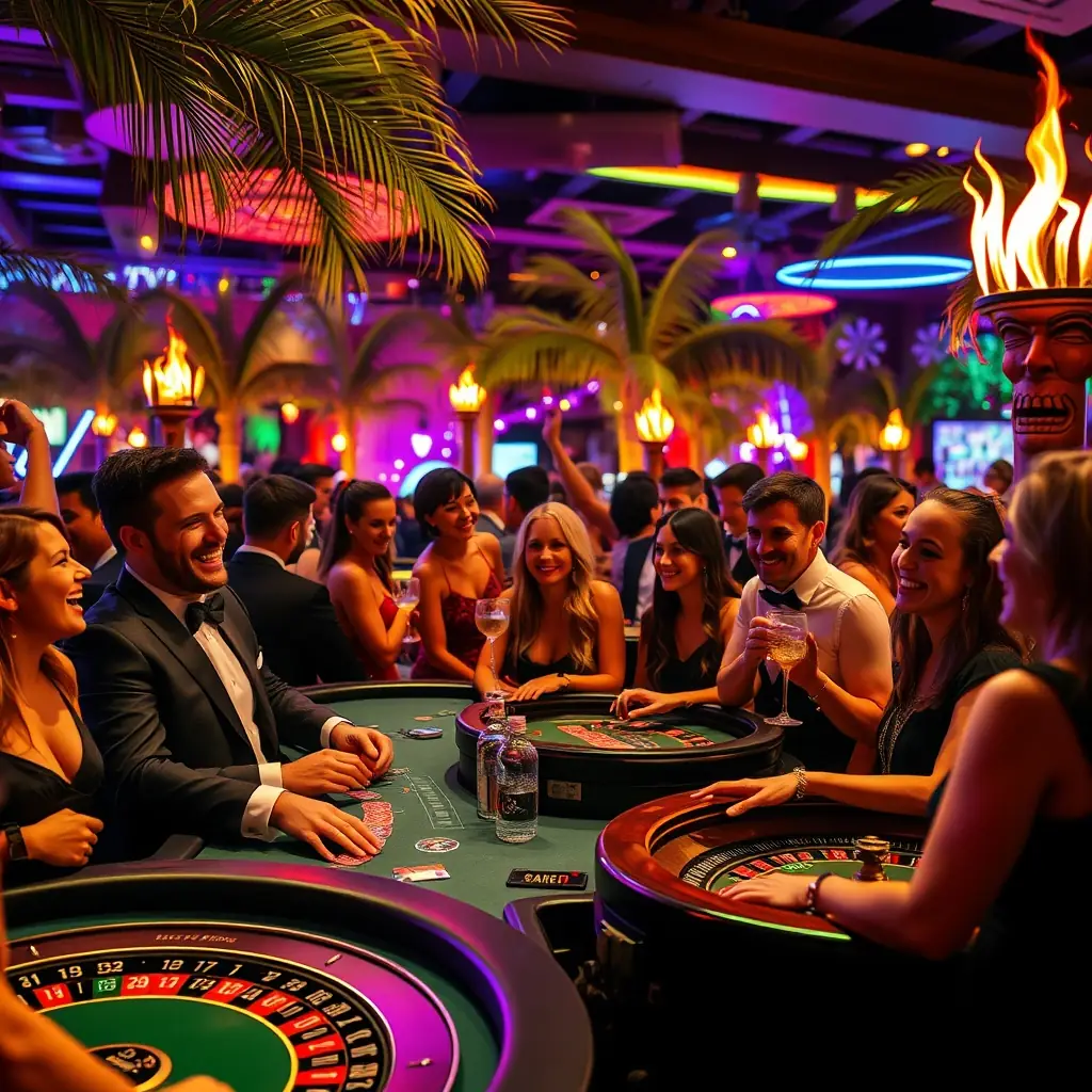 A lively casino night scene with guests enjoying games and a festive atmosphere.