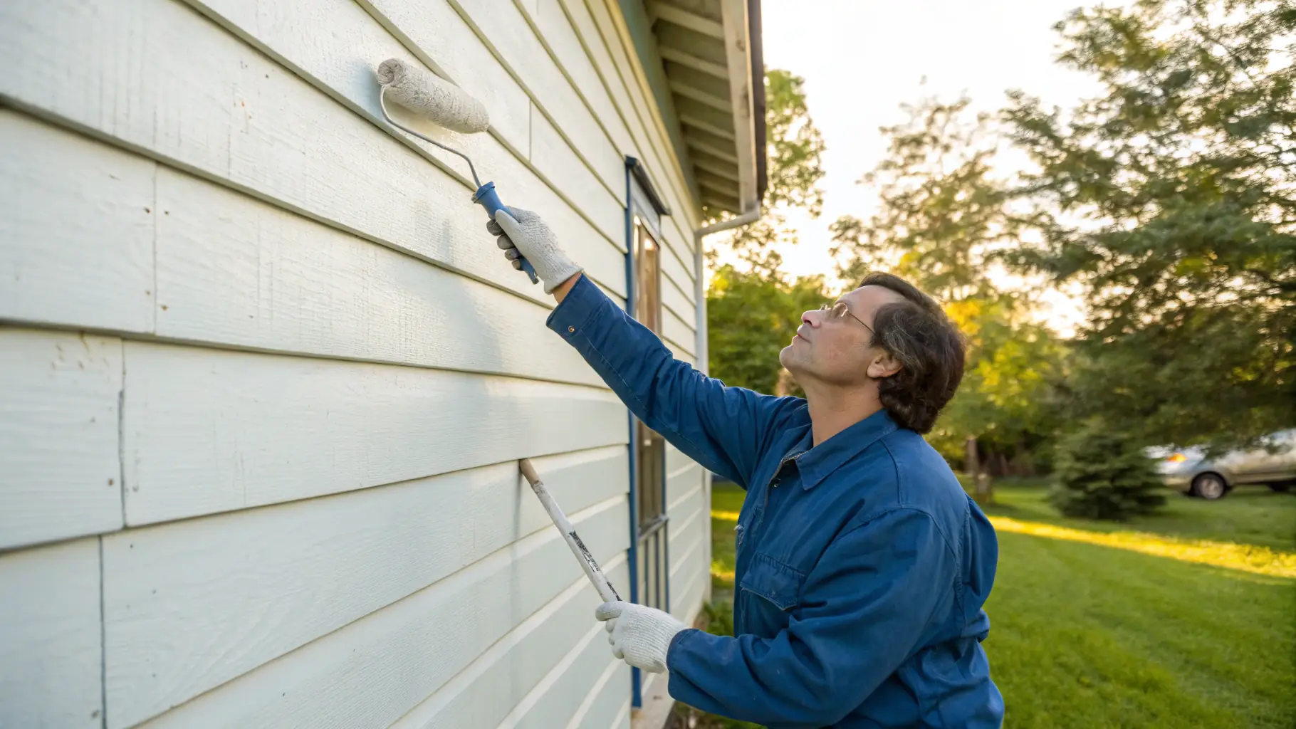 A professional house painter applying a fresh coat of paint to a residential exterior, showcasing craftsmanship and attention to detail.