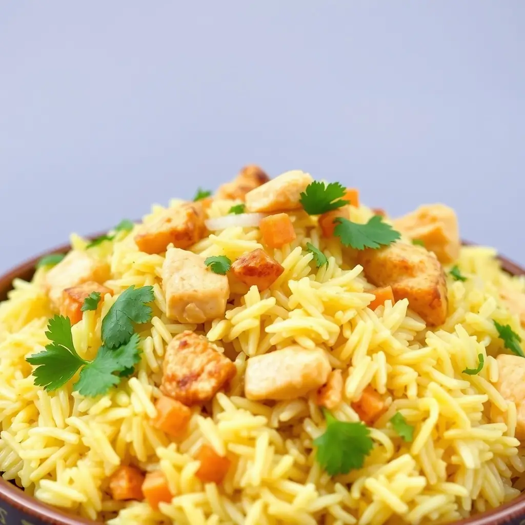 A bowl of spicy and flavorful chicken biryani with rice and spices.